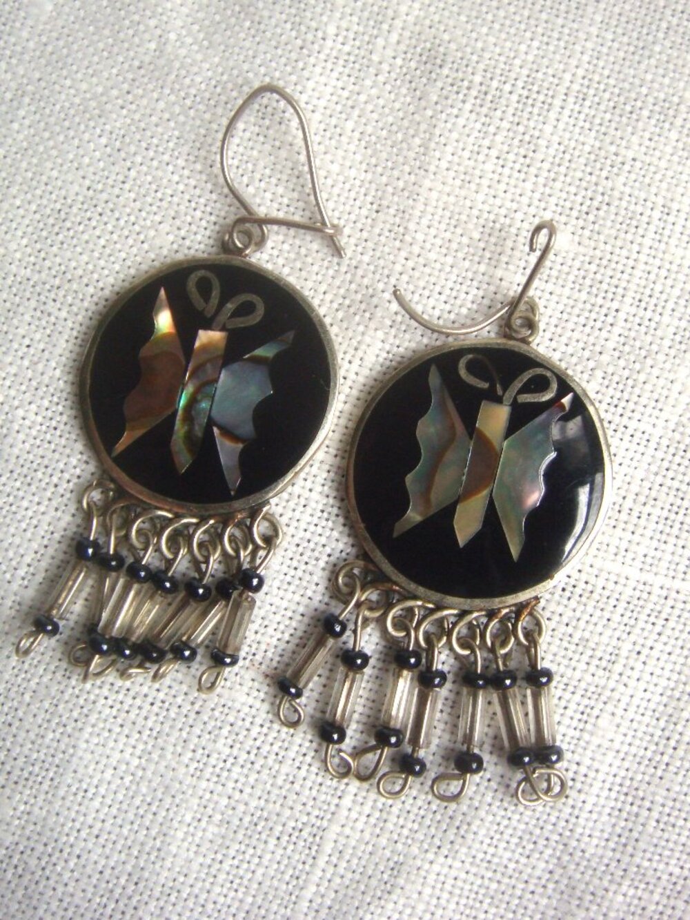 Vintage Alpaca Mexico Silver Abalone Butterfly Dangle Bead Fringe Earrings *FLAW - Picture 3 of 7